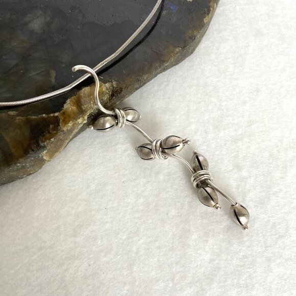 VTG Sterling Silver 925 Hand-wrought Modernist Beaded Floral Acorn Wire Necklace - Picture 7 of 16